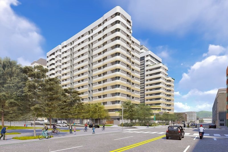 國家住都中心表示，「稻香安居」規劃興建兩棟地上14層、地下3層建物，提供468戶社宅及8間店鋪空間，建築外觀以淺灰為主色調，輔以亮黃色及棕色線條裝飾，預計2029年竣工。圖為完工模擬圖。（國家住都中心提供）中央社記者高華謙傳真　114年11月24日