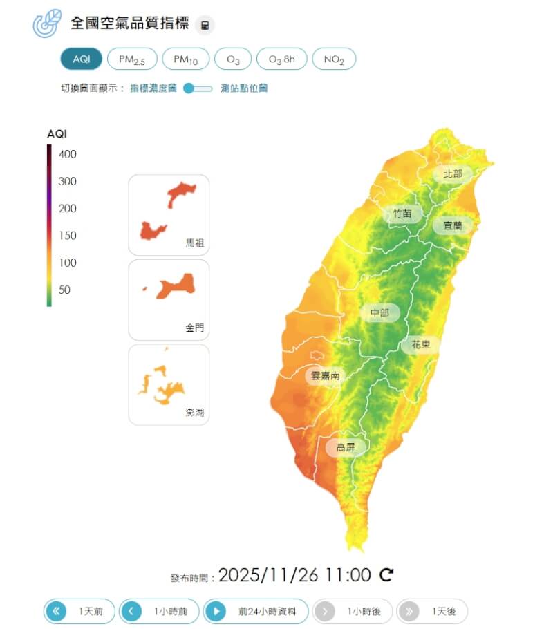 環境部空氣品質監測網顯示，全台有31個測站達橘色提醒等級，多位於南部地區。（圖取自空氣品質監測網網頁airtw.moenv.gov.tw）