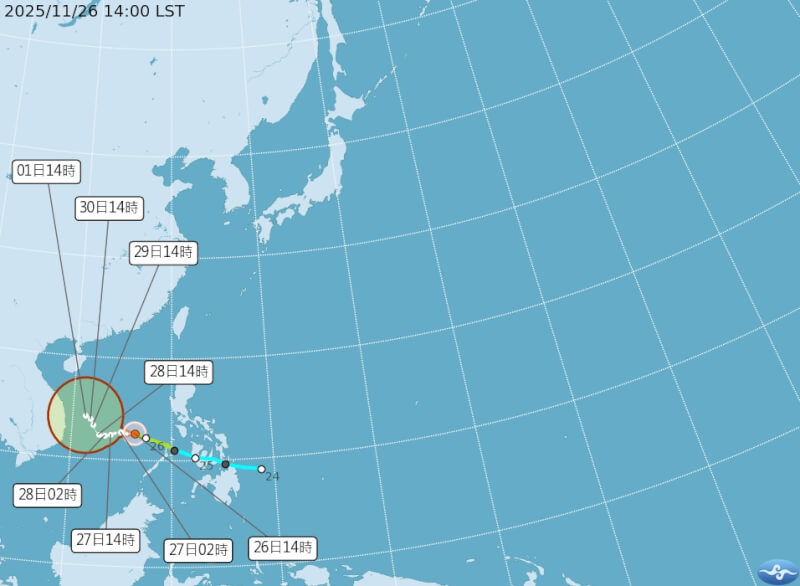 氣象署表示,颱風天琴26日下午中心位置約在鵝鑾鼻南南西方1140公里處,對台灣沒有直接影響。(圖取自氣象署網頁cwa.gov.tw)