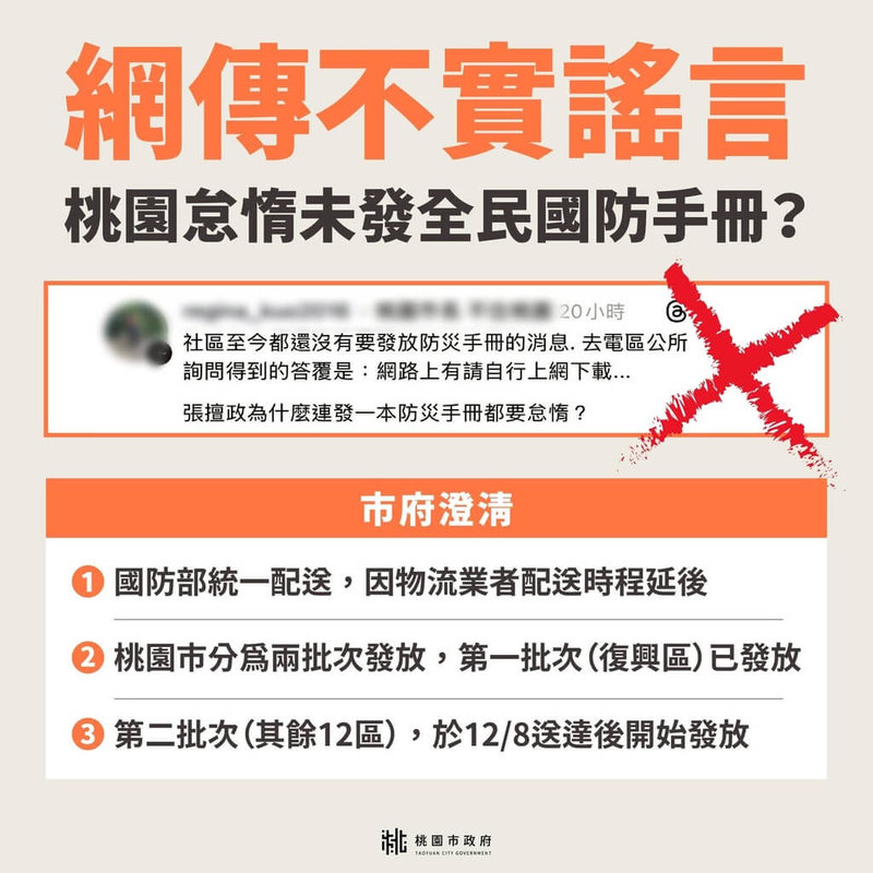 網路謠傳市府怠慢處理「全民國防手冊」，桃園市政府27日出面闢謠指為不實訊息，由於物流業者配送時程延後，復興區公所24日下午已收到，其餘行政區預計12月8日配送。（桃園市政府提供）中央社記者葉臻傳真　114年11月27日