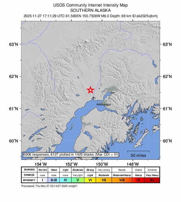 美國阿拉斯加州安克拉治都會區27日上午發生規模6.0的地震。（圖取自美國地質調查所網頁earthquake.usgs.gov）