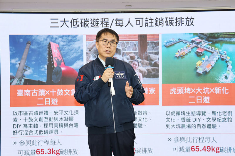 台南市長黃偉哲3日發表台南市3條減碳遊程，分別鎖定生態體驗、文創城市探索及特色溫泉文化，黃偉哲指出，旅遊難免產生碳排，重點不在追求零排放，而是在可行範圍內選擇碳排最低方式。（台南市政府提供）中央社記者張榮祥台南傳真　114年12月3日