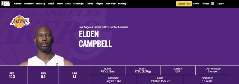 美國職籃NBA洛杉磯湖人前中鋒坎貝爾2日逝世，享年57歲。（圖取自NBA網頁nba.com）