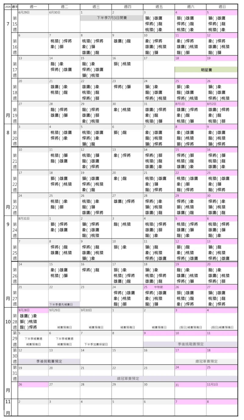 2026年中華職棒下半季賽程。（圖取自中華職棒網頁cpbl.com.tw）