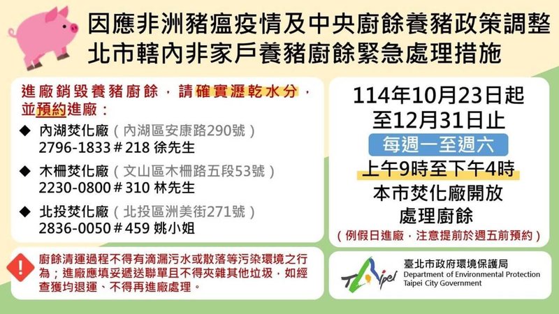 台北市環保局5日表示，因應中央政策調整，3座焚化廠將延長協助免費銷毀非家戶廚餘至年底。（台北市環保局提供）中央社記者陳昱婷傳真　114年12月5日