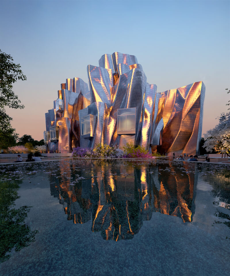 蓋瑞設計的中國醫藥大學美術館整座建築以折疊金屬與起伏的不銹鋼打造，展現水彩畫般的夢幻效果，預計4年後完工。（中國醫藥大學提供）