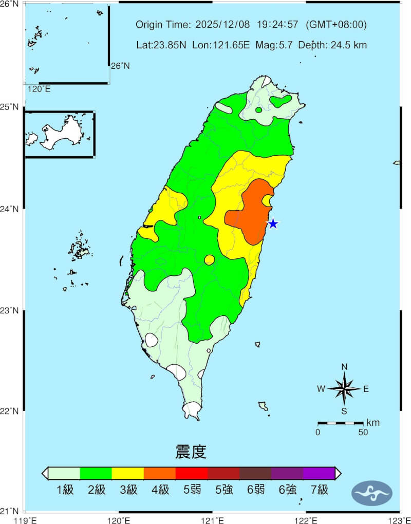 花蓮近海8日晚間發生規模5.7地震。（圖取自facebook.com/cwa.seismology）