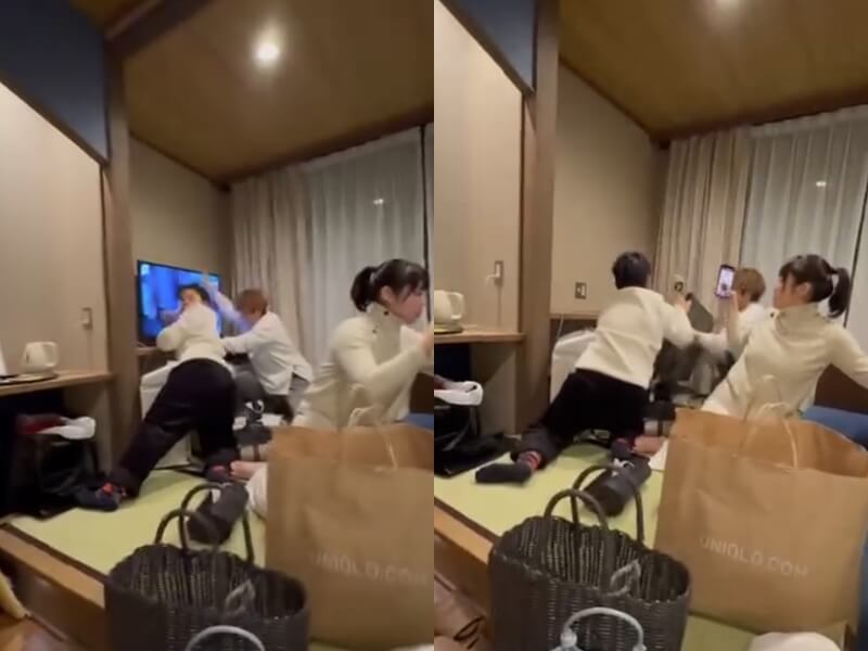 日本青森地震當下，在旅館休息的台灣旅客合力扶穩電視，再輕放地上。（讀者IG/allenwu_11658提供）