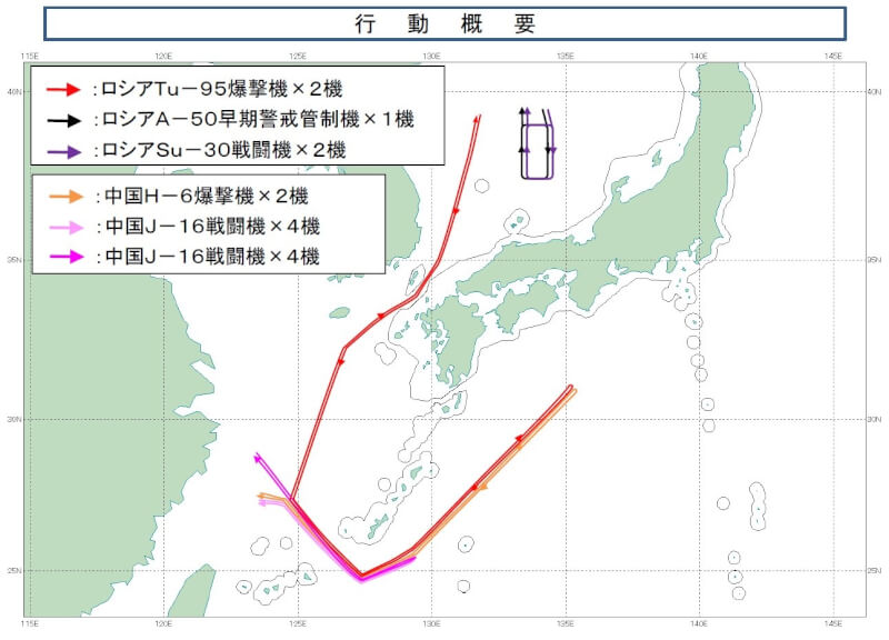 東京與北京關係日益緊張之際，俄羅斯9日出動可搭載核武器的轟炸機與中國轟炸機在日本周圍進行聯合巡邏。（圖取自x.com/ModJapan_jp）