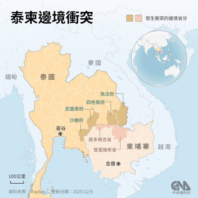 泰國和柬埔寨7月爆發激烈衝突，經調停後暫緩，7日再爆衝突。（中央社製圖）