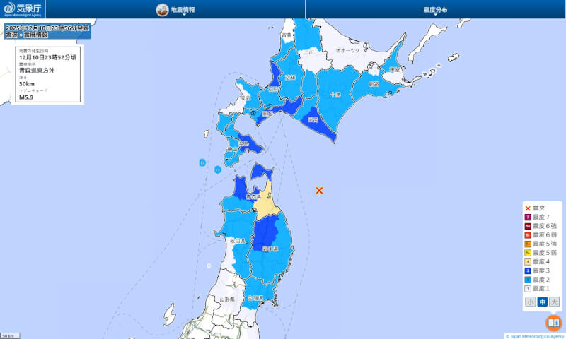 日本青森縣外海10日晚間11時52分發生規模5.9地震。（圖取自日本氣象廳網頁jma.go.jp）