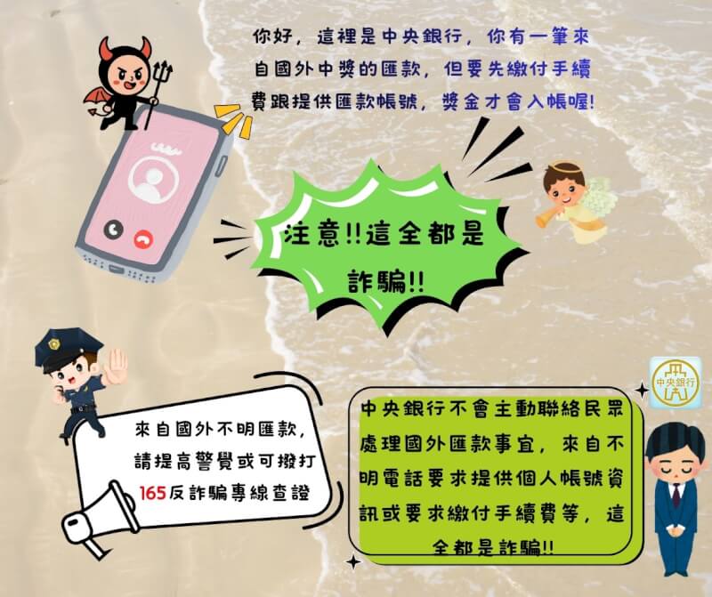 中央銀行12日透過臉書粉絲團提醒民眾小心詐騙。（圖取自facebook.com/cbc.gov.tw）