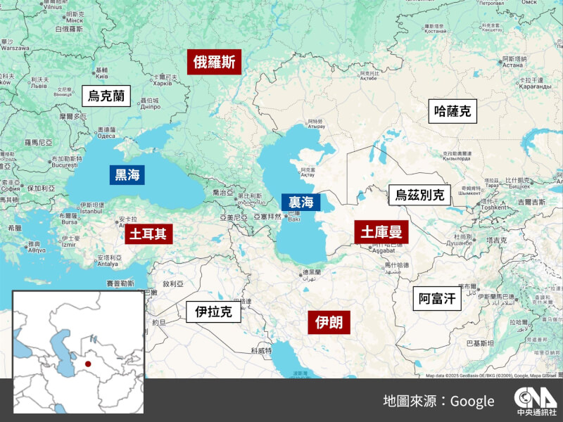 俄羅斯、土耳其和伊朗領導人12日齊聚中亞國家土庫曼，召開罕見的國際峰會。（中央社製圖）