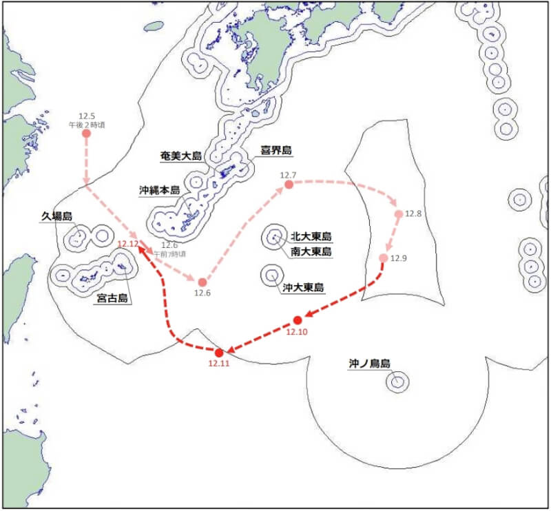 日本防衛省統合幕僚監部發布消息指出，發現中國海軍航艦「遼寧號」本月6日至12日在太平洋海域。（圖取自防衛省統合幕僚監部網頁mod.go.jp）