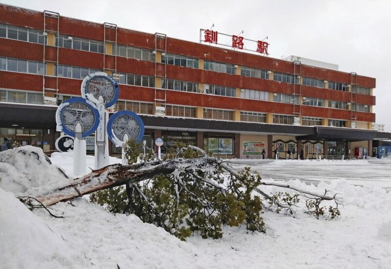 日本北海道暴風雪，15日釧路車站前道路被積雪覆蓋，路面可見行道樹枝幹被大雪壓斷。（共同社）