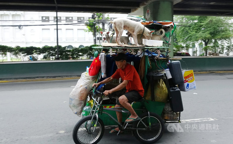 67歲的馬尼拉街友卡羅斯用善心人捐的三輪車,帶著6條收留的流浪狗浪跡街頭。中央社記者林行健馬尼拉攝 114年12月15日