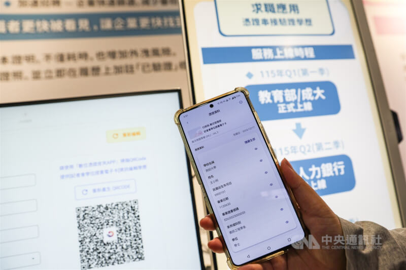 數發部推動數位憑證皮夾，17日在台北舉行應用體驗記者會，未來民眾出門可透過手機快速查驗各類證件，簡化取票、領藥或辦理電信門號的程序，求職者也能在面談時以App直接驗證學歷。中央社記者吳家昇攝　114年12月17日