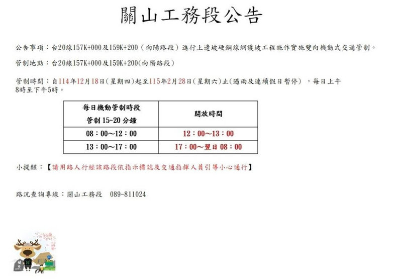 南橫公路向陽路段因邊坡工程，18日起至明年2月28日雙向機動管制，管制時間15至20分鐘，中午和下午5時後不管制。（公路局關山工務段提供）中央社記者盧太城台東傳真 114年12月18日