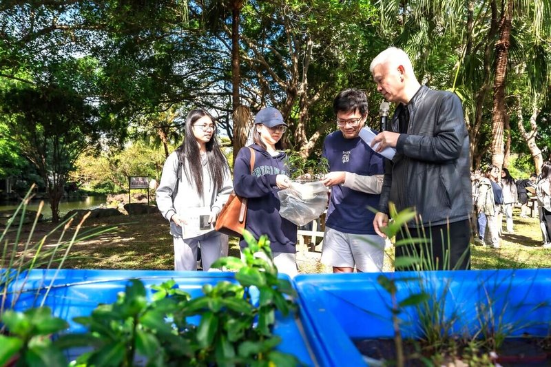 元智大學水生植物種原方舟計畫成功在校園內復育33種台灣瀕臨滅絕的水生植物，展現跨領域合作成果，化材系團隊參與水質監測與數據管理。（校方提供）中央社記者葉臻傳真　114年12月19日