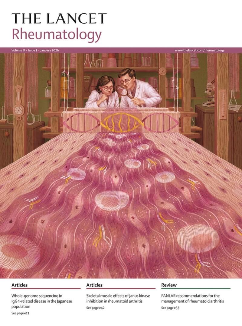 插畫家Emma Cheng用畫筆登上國際頂尖醫學期刊The Lancet封面，首發2026年1月份上線，以織布機意象描繪研究主題。（Emma Cheng提供）中央社記者沈佩瑤傳真　114年12月20日