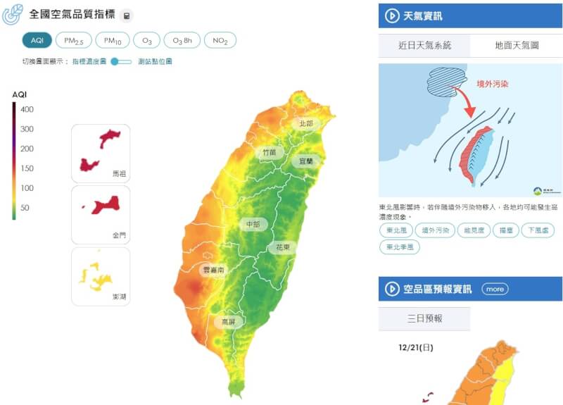 東北季風挾帶境外污染物影響，截至上午11時，西半部空氣品質多呈橘色提醒等級，金馬地區已亮紅燈，主要污染物為細懸浮微粒。（圖取自環境部空氣品質監測網airtw.moenv.gov.tw）
