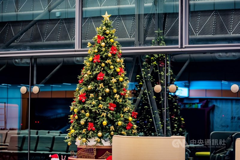 耶誕節將屆，桃園國際機場股份有限公司在試營運中的第3航廈北廊廳D15區，設置4.2公尺高耶誕樹裝置藝術，並以金色球飾、璀璨燈光與鮮紅花束妝點。中央社記者吳睿騏桃園機場攝　114年12月23日