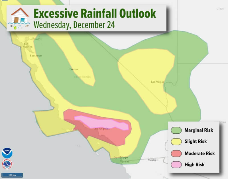 強烈冬季暴風雨23日侵襲加州，美國國家氣象局警告北加州、中加州與南加州民眾「務必高度警戒」。（圖取自x.com/NWS）
