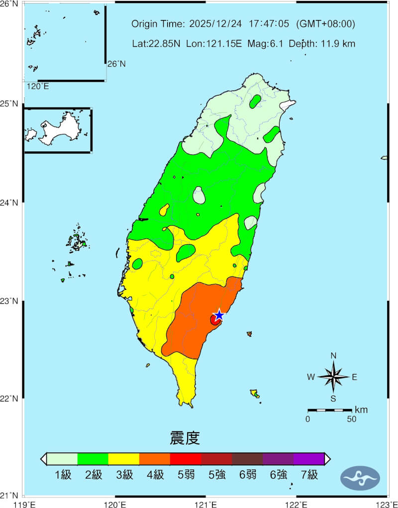 台東地區24日發生地震，圖為氣象署公布震度圖。（圖取自氣象署網頁cwa.gov.tw）