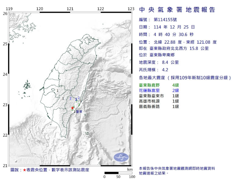 台東縣卑南鄉25日4時40分發生芮氏規模4.2地震。（圖取自氣象署網頁cwa.gov.tw）