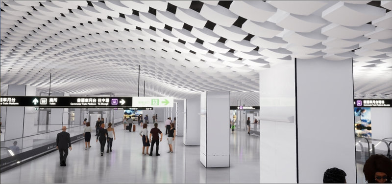 桃園機場捷運與桃園國際機場第3航廈站共構的A14站工程進入關鍵階段，交通部鐵道局26日公布A14站天花板預覽示意圖，以白色為主色調，設計與3航廈波浪起伏設計相呼應。（交通部鐵道局提供）中央社記者黃巧雯傳真　114年12月26日