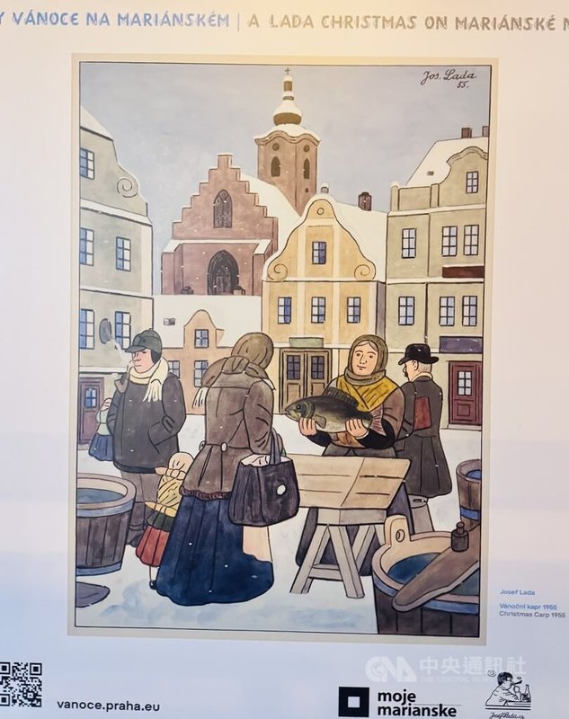 布拉格市政廳門口的瑪莉安廣場（Mariánské náměstí）的耶誕市集，以「拉達的耶誕節」為主題。市集中還設有圖文面板，介紹拉達（Josef Lada）的代表畫作與故事，讓民眾深入認識他如何形塑捷克人心中最典型、最溫柔的耶誕風景。中央社記者劉郁葶布拉格攝 114年12月27日