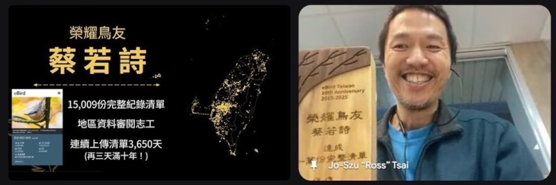 農業部生物多樣性研究所與中華民國野鳥學會共同經營eBird Taiwan中文入口網站10年，已累計超過141萬份賞鳥紀錄，嘉義大學生物資源學系助理教授蔡若詩，連續上傳清單長達3650天，獲頒「榮耀鳥友」。（生多所提供）中央社記者汪淑芬傳真  114年12月29日