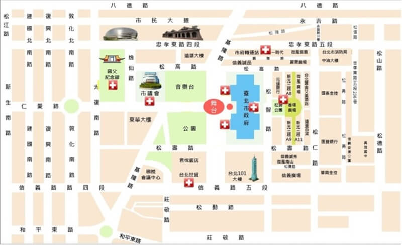 2026台北跨年晚會登場將於31日晚間7時登場，台北市衛生局為此整備8站醫護站，包括在市府1樓東區大廳設置傷病患留觀區、9部救護車等緊急醫療量能。（台北市衛生局提供）中央社記者楊淑閔傳真　114年12月29日