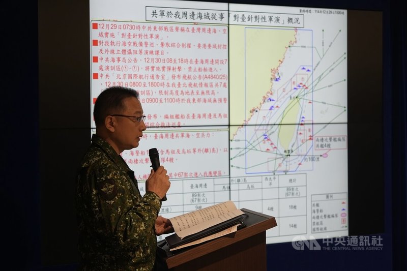 中共29日宣布對台軍演。國防部下午召開記者會表達譴責，並以圖表展示共軍對台針對性軍演概況，由國防部發言人孫立方（圖）說明。中央社記者徐肇昌攝　114年12月29日