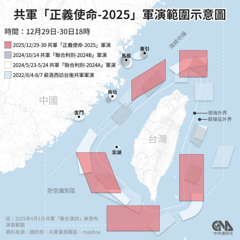 共軍29日宣布進行「正義使命-2025」環台軍演。（中央社製圖）