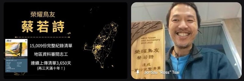 農業部生物多樣性研究所與中華民國野鳥學會共同經營eBird Taiwan中文入口網站10年，已累計超過141萬份賞鳥紀錄，嘉義大學生物資源學系助理教授蔡若詩，連續上傳清單長達3650天，獲頒「榮耀鳥友」。（生多所提供）中央社記者汪淑芬傳真  114年12月29日