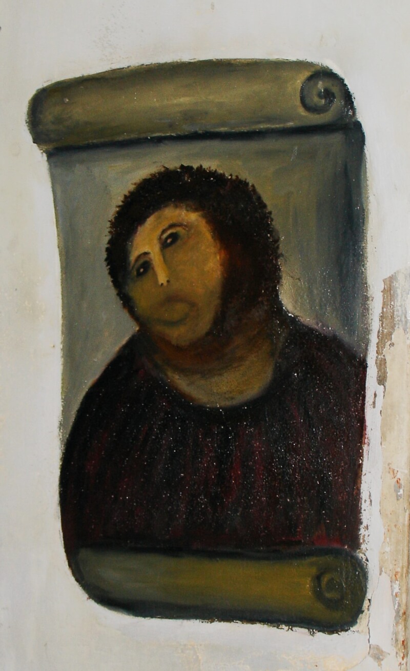 圖為2012年被西班牙婦女西門內斯修補的耶穌畫像壁畫。（圖取自聖母慈悲教堂基金會facebook.com）