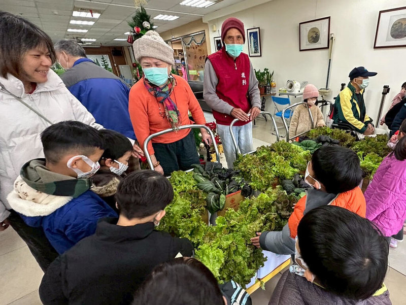 連江縣立介壽國中小職業探索與體驗中心的農心小學堂栽種無毒蔬菜迎豐收，介壽幼兒園學生親手採摘後，2日上午送往連江縣大同之家老人安養中心。（連江縣立介壽國中小提供）中央社記者潘欣彤傳真　115年1月2日