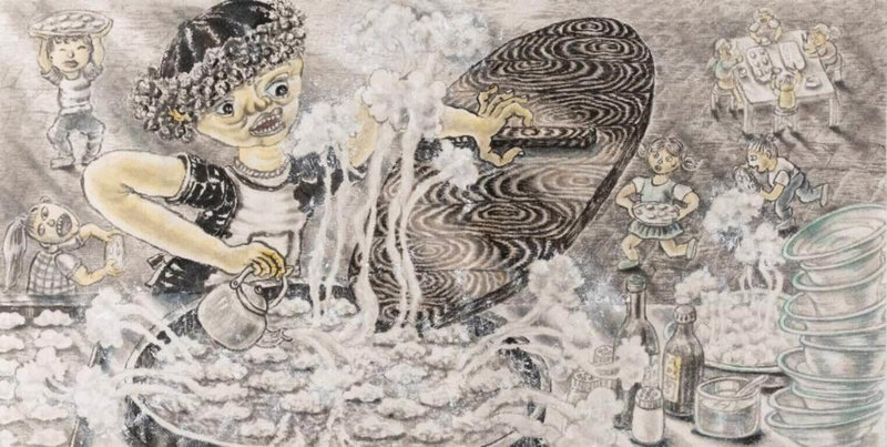 114學年度全國學生美術比賽頒獎典禮3日舉行,屏東縣民和國小學生林宜萱的水墨畫作品「阿嬤煎水餃」以水蒸氣、手部動作等刻劃做菜時刻的忙碌景象,榮獲特優。(教育部提供)中央社記者陳至中台北傳真 115年1月3日