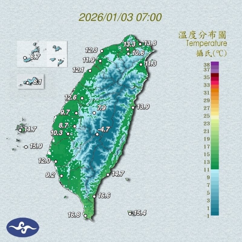 氣象署3日清晨持續發布低溫特報，受到強烈大陸冷氣團影響，各地氣溫明顯偏低，可能有10度以下氣溫。（圖取自氣象署網頁cwa.gov.tw）