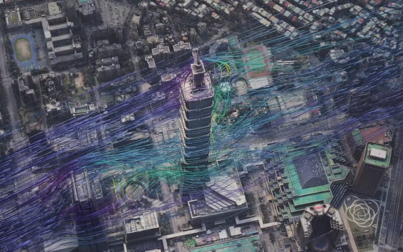 黃仁勳5日在美國消費性電子展（CES）發表主題演講，開場影片再次展示氣候模擬平台，以台北101為例呈現城市高樓環境中的氣流動態。（圖取自NVIDIA YouTube網頁youtube.com）