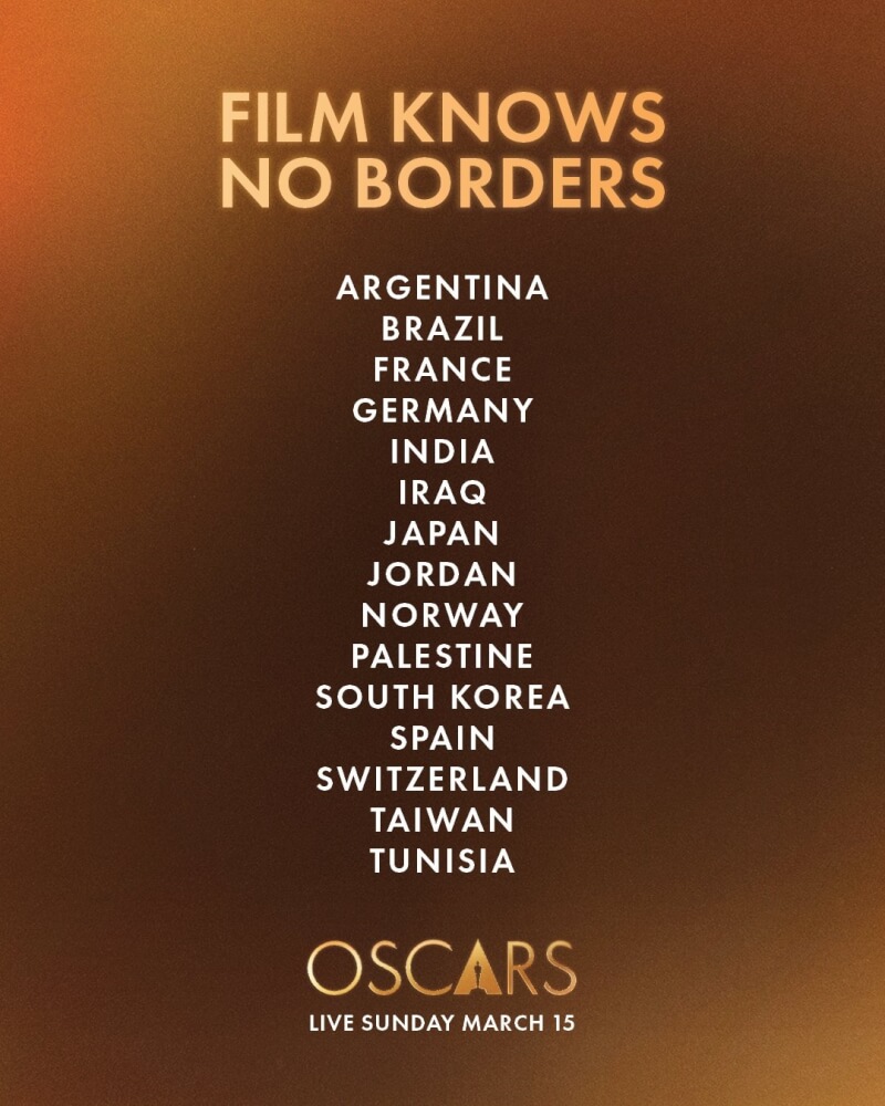 美國影藝學院5日在多個社群平台貼文，列出15部作品的出產國家，Taiwan與各國並列。（圖取自x.com/TheAcademy）