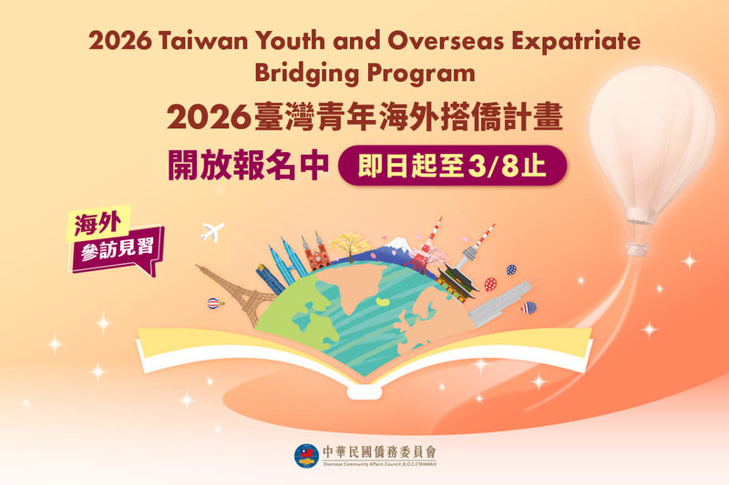 「2026台灣青年海外搭僑計畫」開放18到30歲具中華民國國籍、國內大專校院在學（含碩博士）、未曾參加搭僑計畫者，即日起到3月8日可報名參加甄選。（僑委會提供）中央社記者楊堯茹傳真 115年1月6日