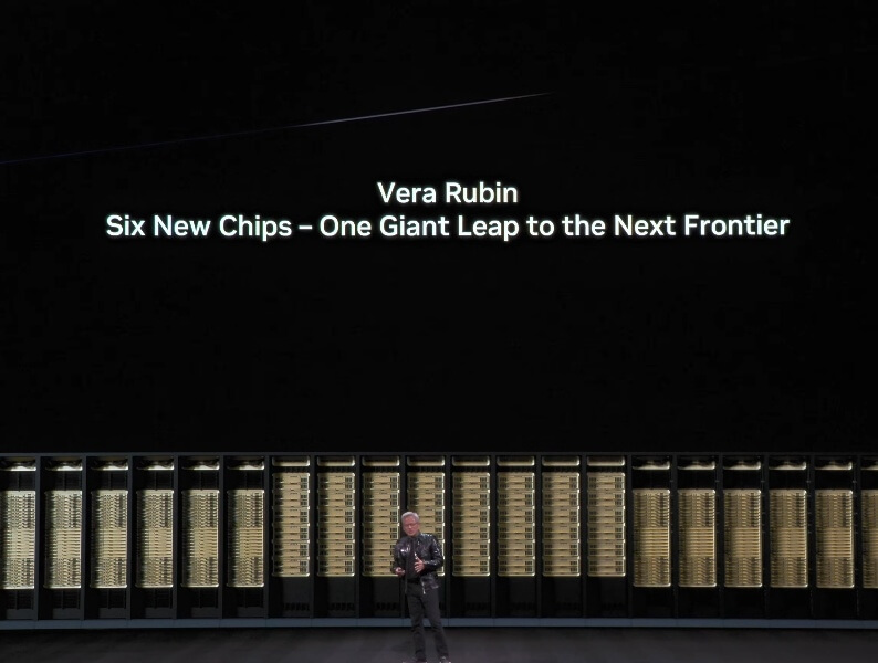 CES演講中，黃仁勳發表新一代AI超級電腦Vera Rubin平台。（圖取自NVIDIA YouTube網頁youtube.com）