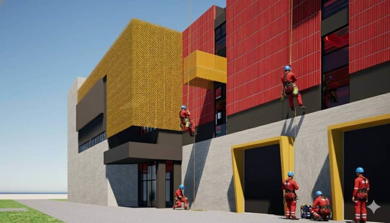 花蓮縣政府獲中央花東基金補助,特種搜救隊訓練基地2期新建工程8日動土,整體設計參考新加坡民防學院專業訓練場館,以國際救災標準為基礎,設計核心為高強度繩索訓練,將打造全台首座專業繩索訓練場域。圖為繩索訓練中心模擬示意圖。(花蓮縣政府提供)中央社記者張祈傳真 115年1月8日