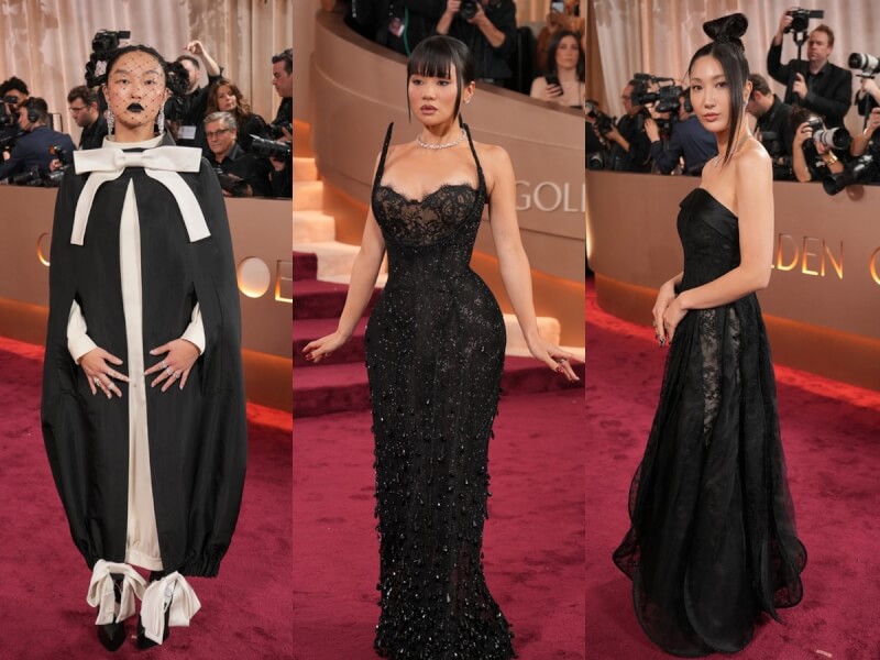 Kpop獵魔女團幕後配音Audrey Nuna（左）、Rei Ami（中）、EJAE（右）出席金球獎頒獎典禮。（美聯社）