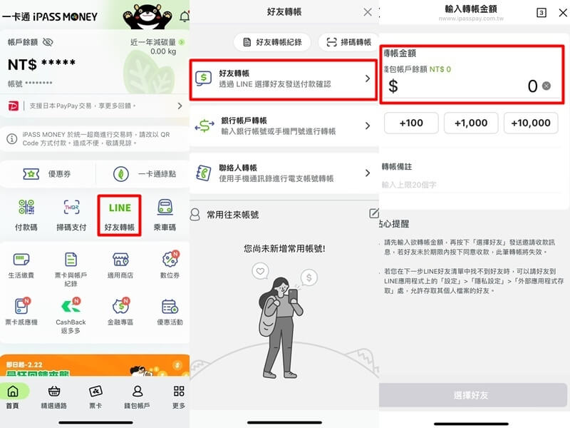 在iPASS MONEY APP點選「好友轉帳」後，畫面會自動跳轉至LINE APP，即可輸入金額轉帳給好友。（圖取自iPASS MONEY APP）