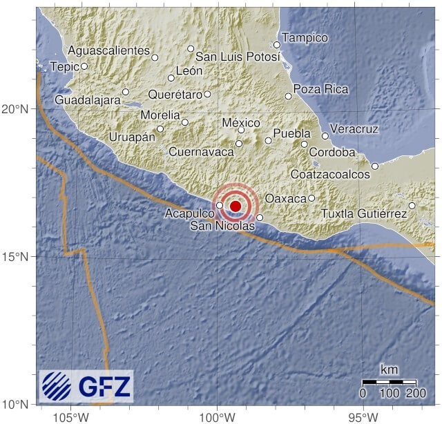 德國地球科學研究中心（GFZ）表示，墨西哥格瑞羅州（Guerrero）16日發生規模4.9地震，震源深度約10公里。（圖取自德國地球科學研究中心網頁geofon.gfz.de/eqexplorer）