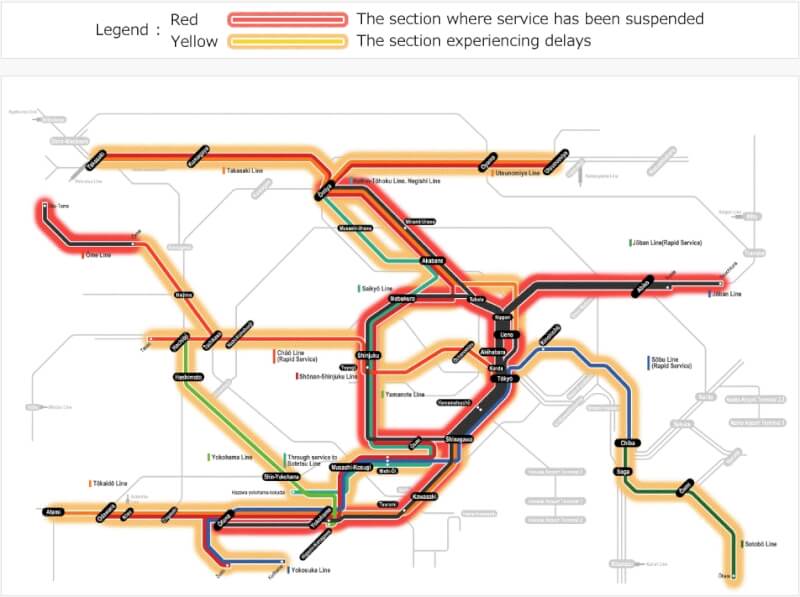 JR東日本網站顯示16日上午9時許營運狀況，多條路線暫停營運或延誤。（圖取自JR東日本網頁jreast.co.jp）