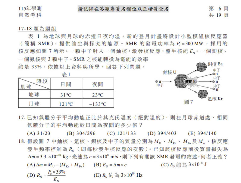 115學年度學測自然科測試17日下午落幕,本屆題目出現許多尖端科技,如第17、18題組談及最新能源科技「SMR小型模組核反應器」,用於登月情境中,考驗核反應能量轉化知識。(取自大考中心公布學測試題)中央社記者陳至中傳真 115年1月17日
